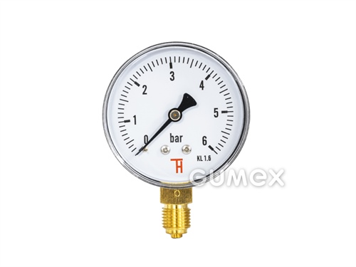 Manometr standardní se spodním vývodem, průměr 63mm, vnější závit G 1/4", 0-6bar, třída přesnosti 1,6%, průzor akryl, pouzdro ocel, -40°C/+60°C